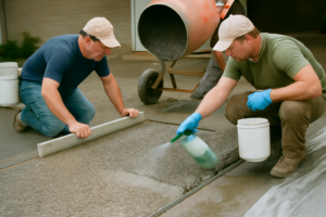 Allée extérieure en béton désactivé gris anthracite, finition granitée durable et antidérapante
