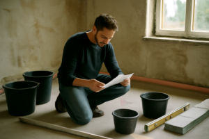 Pose de chape liquide auto-nivelante pour sol intérieur, finition lisse idéale pour chauffage au sol et rénovation