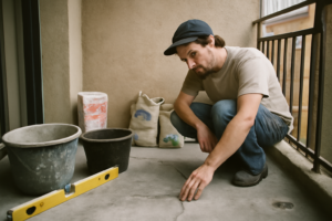 Application de ragréage extérieur sur dalle béton de terrasse pour nivellement, réparation des fissures et préparation au revêtement