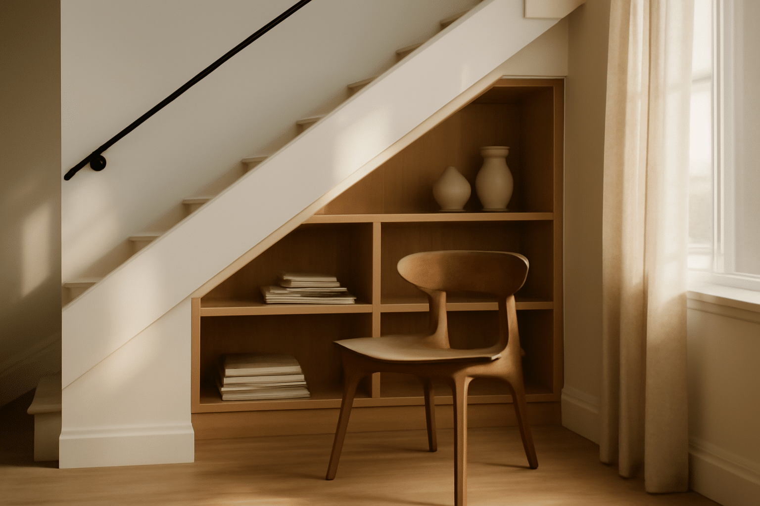 Coin bureau et placard sous-escalier aménagé, meuble blanc et étagères pour organisation et optimisation d'espace