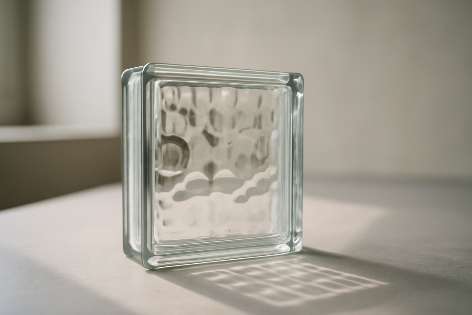 Détail d'une brique de verre carrée laissant passer la lumière naturelle tout en préservant l'intimité, finition moderne