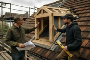 Chien-assis sur toiture en ardoise d'une maison ancienne, lucarne rénovée et étanchéité