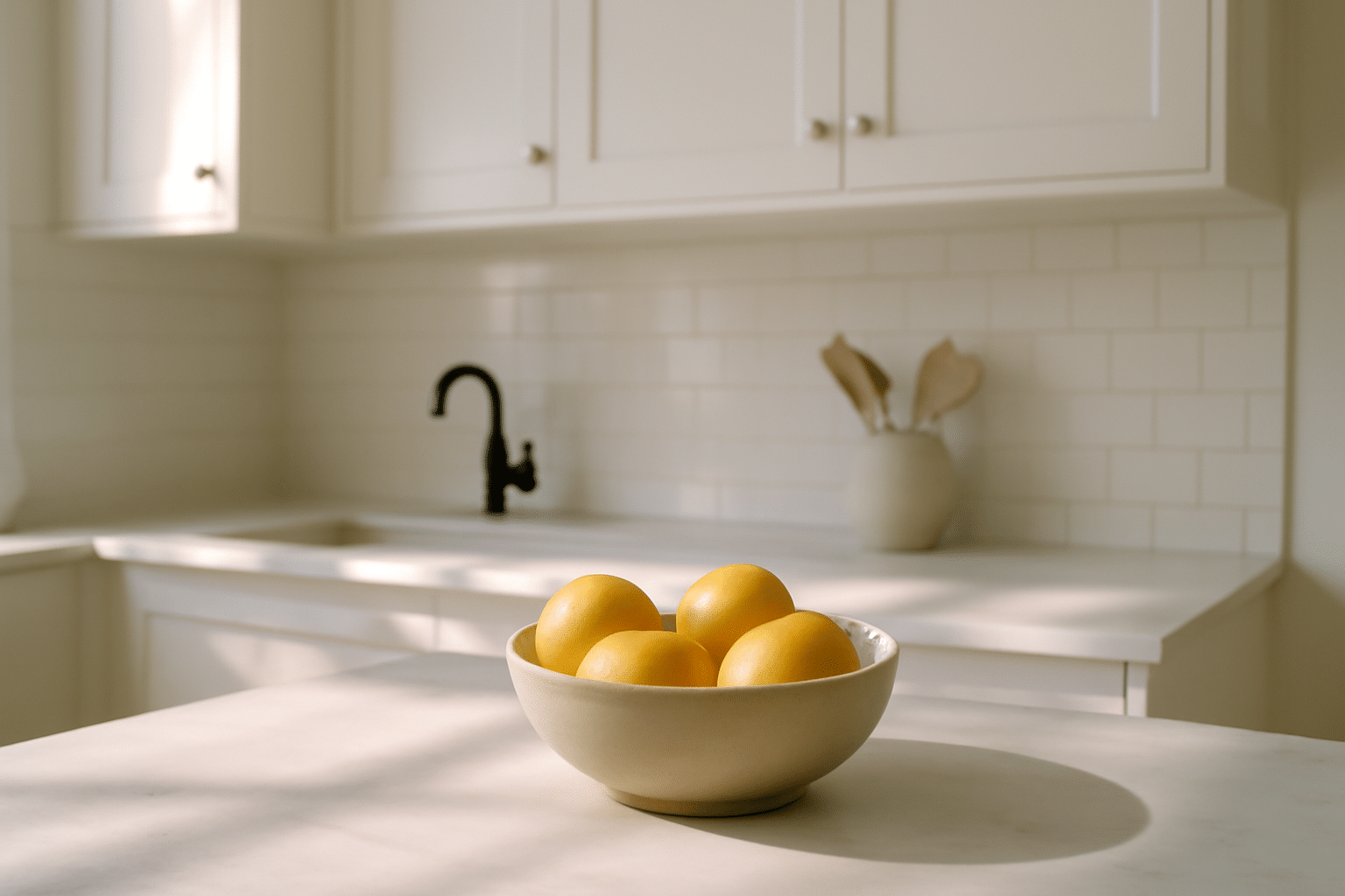Cuisine blanche minimaliste avec électroménagers encastrés, grande fenêtre et sol en bois clair pour un aménagement fonctionnel