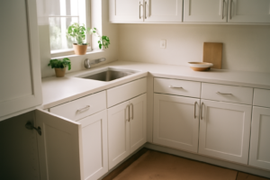 Cuisine blanche moderne avec îlot central, plan de travail en quartz et rangements intégrés — design lumineux et épuré