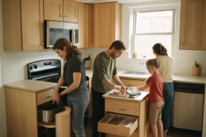 Cuisine en U moderne et lumineuse avec plan de travail en bois, électroménager encastré et nombreux rangements