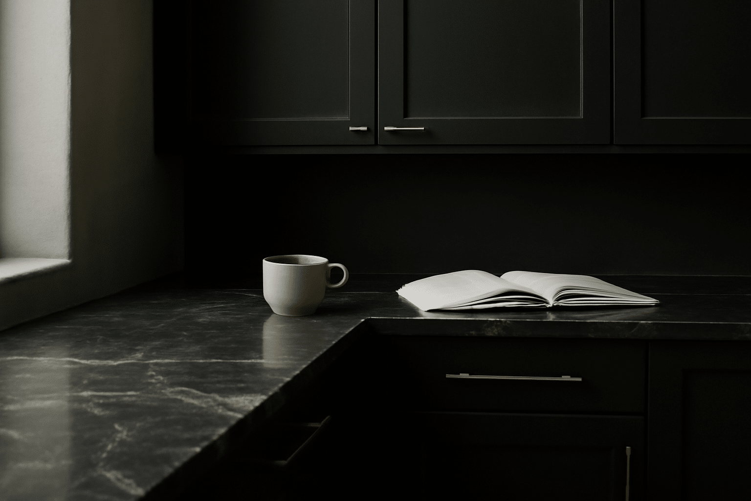 Détail d'une cuisine noire mate avec plan de travail en bois clair, poignées dorées et électroménagers inox