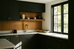 Cuisine noire moderne avec îlot central en marbre, éclairage suspendu et rangements intégrés, design élégant et fonctionnel