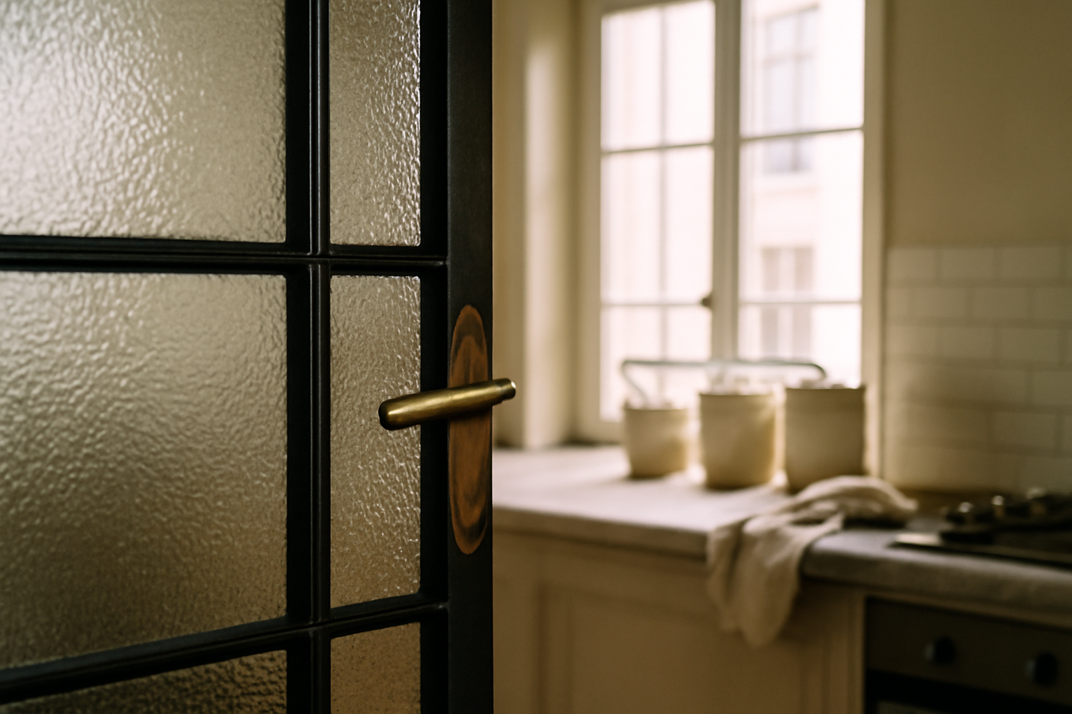 Détail de cuisine verrière : verrière intérieure en acier noir, étagères ouvertes et luminosité naturelle pour une cuisine moderne