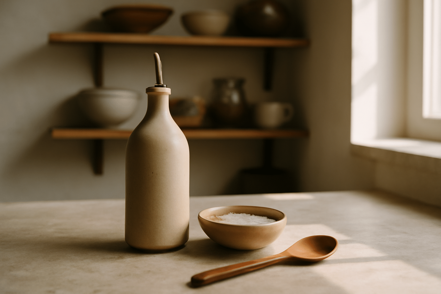Coin repas scandinave avec table en bois, lampes suspendues et vaisselle minimaliste — idée déco cuisine