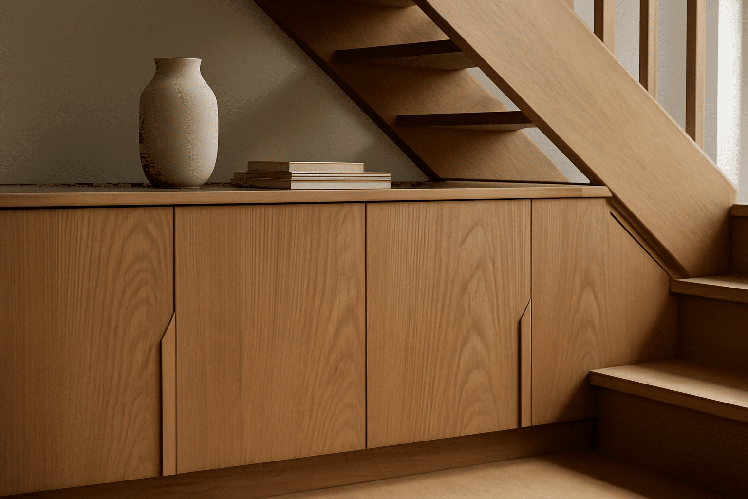 Aménagement gain de place sous escalier : placard blanc intégré et étagères pour rangement optimisé