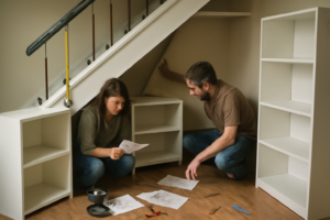 Meuble sous escalier sur mesure en bois clair avec étagères ouvertes et tiroirs de rangement