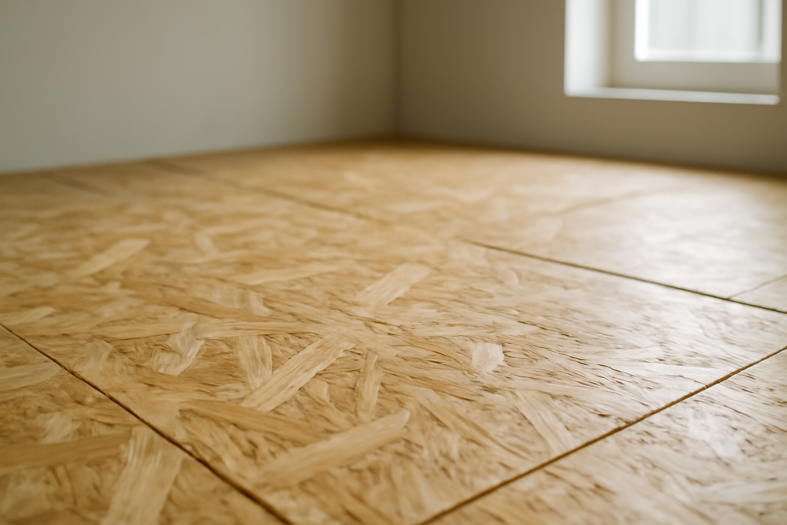 Gros plan sur panneau OSB pour plancher 18 mm — structure à copeaux orientés offrant solidité et tenue de charge