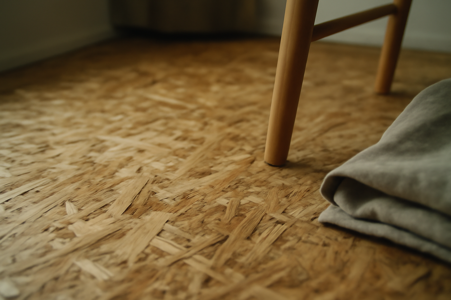 Gros plan du plancher OSB : texture des panneaux OSB, rainures et fixations visibles pour sol porteur