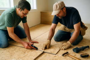 Plancher en OSB posé — panneaux OSB structurés et résistants pour construction et rénovation