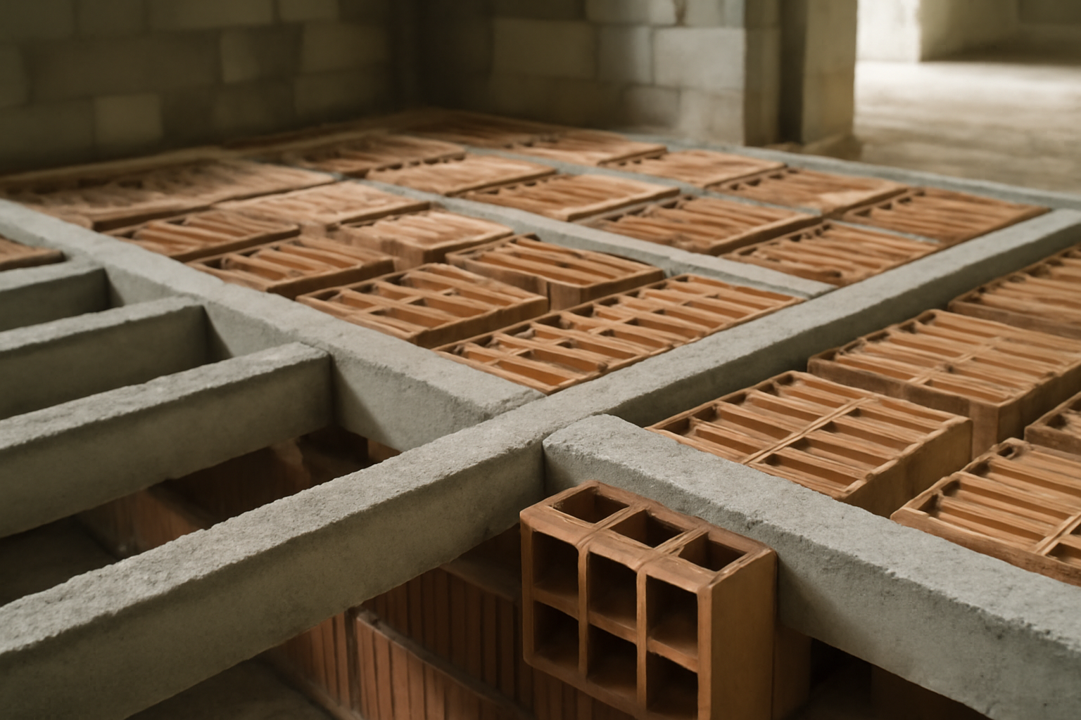 Détail d'une poutrelle hourdis en béton pour plancher porteur, isolation et durabilité