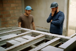 Poutrelle hourdis en béton sur chantier – installation de poutrelles et hourdis pour plancher porteur, isolation acoustique et résistance aux charges
