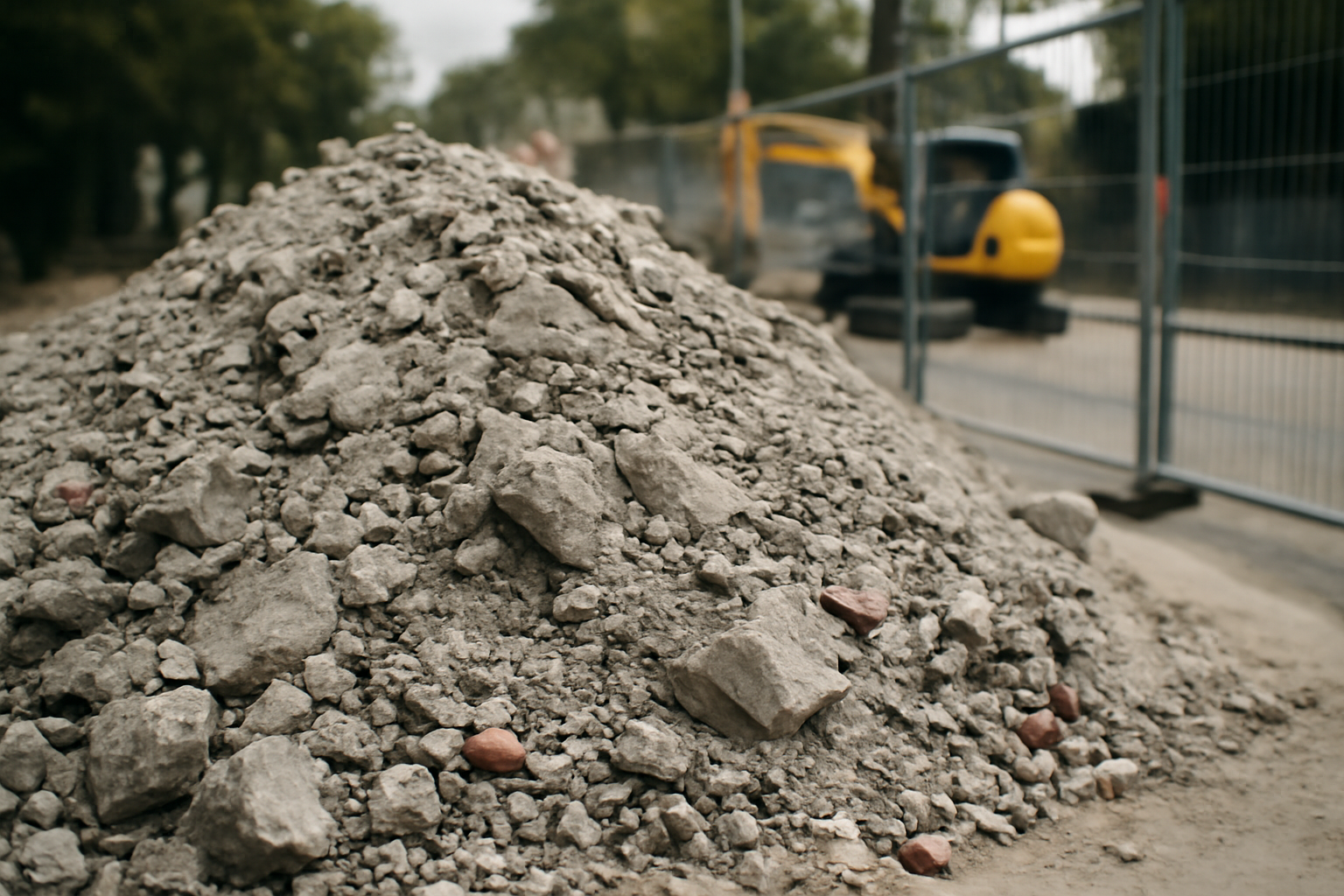 Détail de remblais en matériaux granulaires (gravier, sable) avec compactage mécanique pour préparation du terrain et drainage