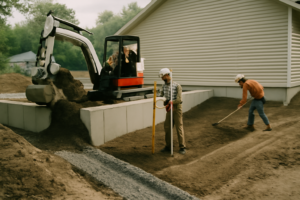 Remblais de chantier avec engins de terrassement compactant les couches de fondation pour stabilisation du sol et préparation de voirie