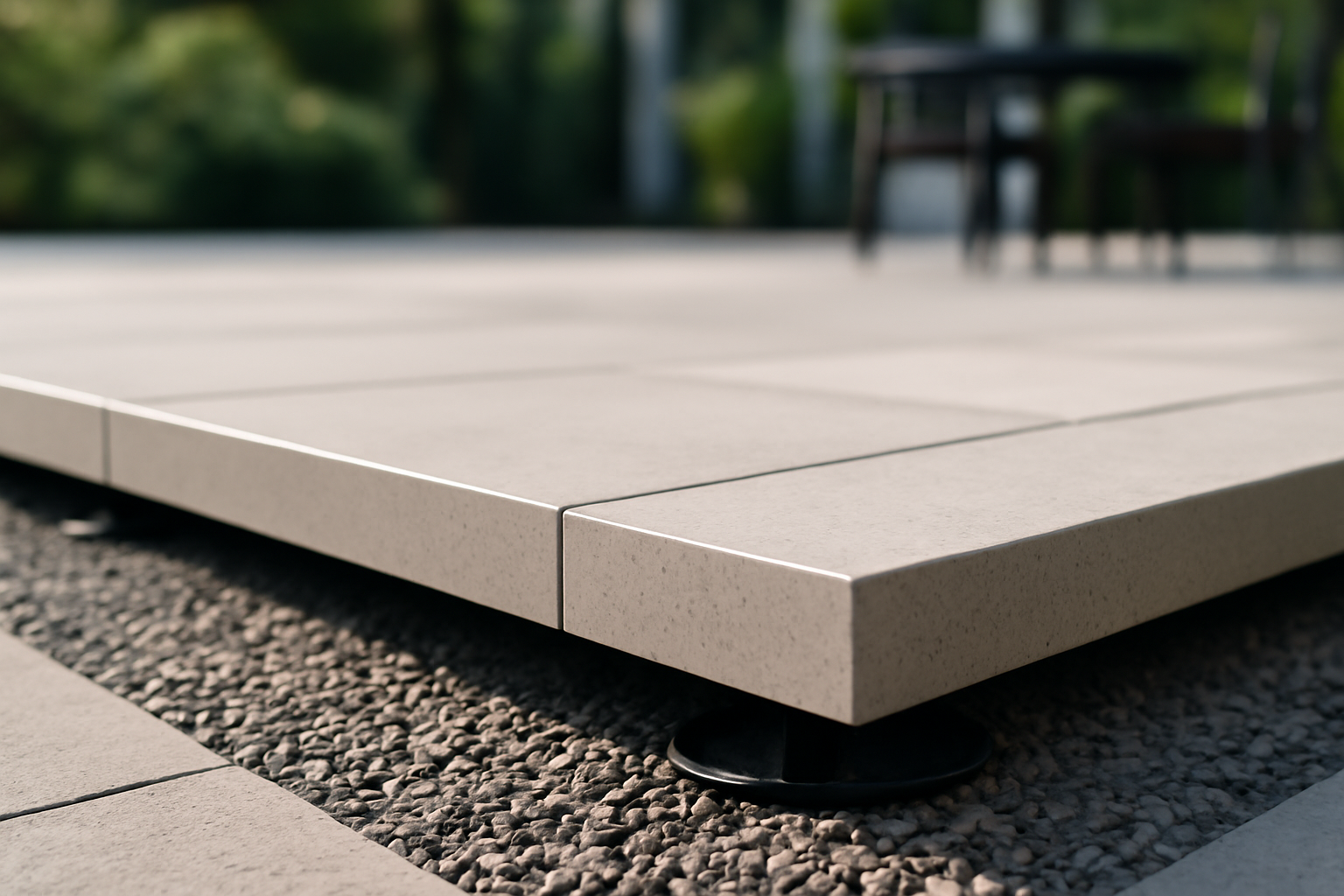 Détail d'une terrasse en dalles sur plots réglables montrant joints, plots et structure ventilée