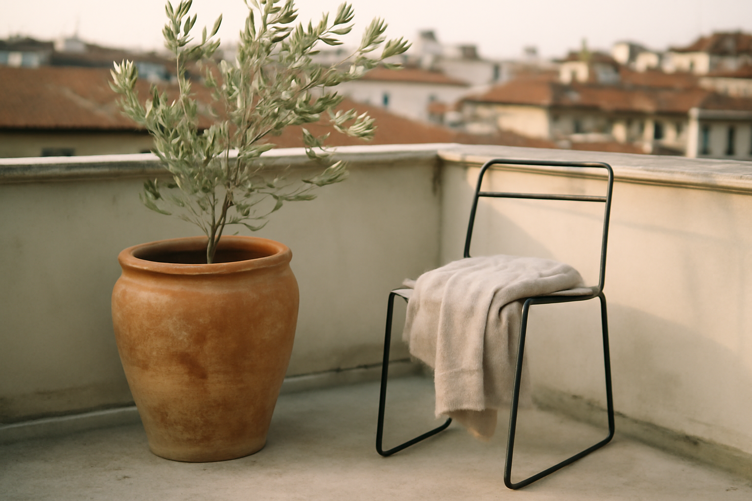 Espace détente sur toit-terrasse avec jardin paysager, sol en bois composite et éclairage LED pour soirées
