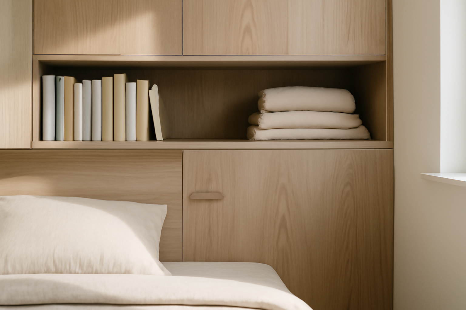 Détail du pont de lit en bois : étagères, placards et finitions soignées pour optimiser le rangement