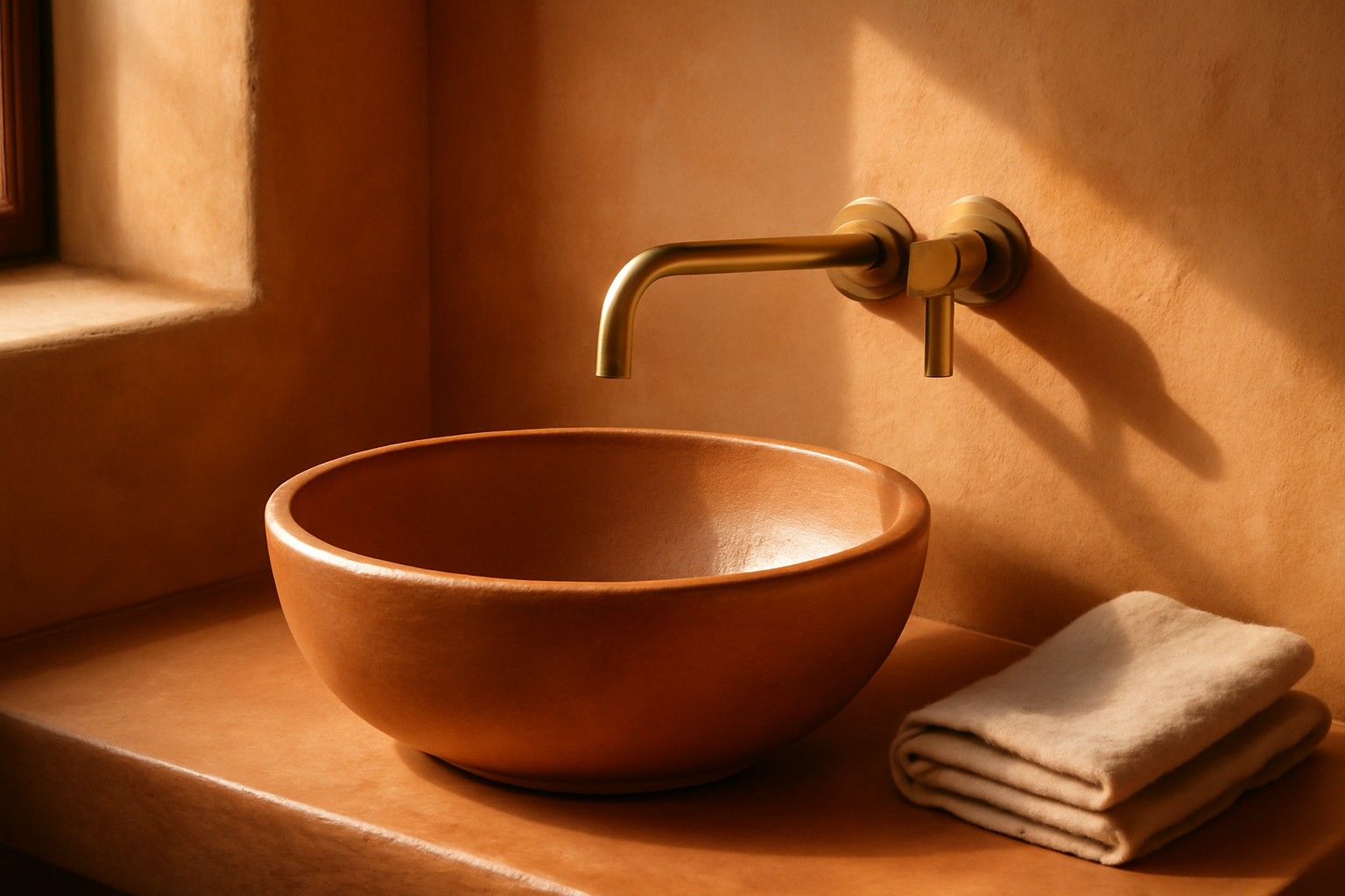 Détail du carrelage terracotta et robinetterie laiton dans une douche à l'italienne pour une ambiance chaleureuse